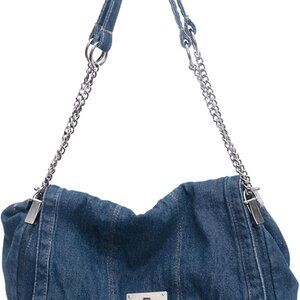 Navy denim tote bag for women with twist lock closure, casual style, lightweight